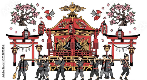 Photos Japanese festival procession with portable shrine and people.