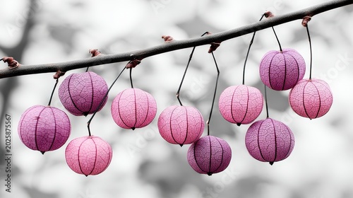 Delicate Blooming Fruits Hanging on a Branch in Soft Colors