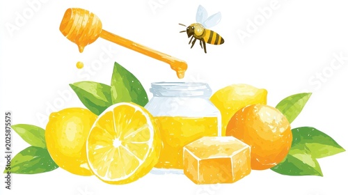 Fresh Honey with Lemons and a Bee in Vibrant Illustrative Style