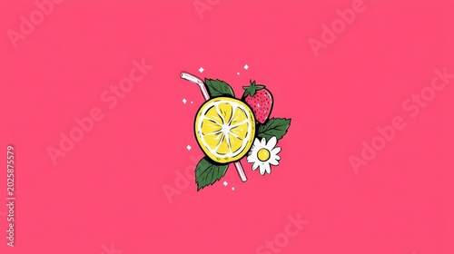 Vibrant Lemon and Strawberry Illustration on Bright Pink Background