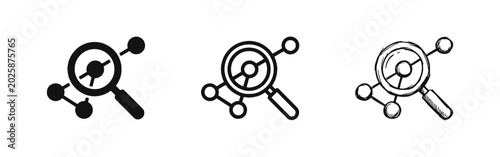 Cuadro en lienzo Data search and network analysis icon set with a magnifying glass over nodes