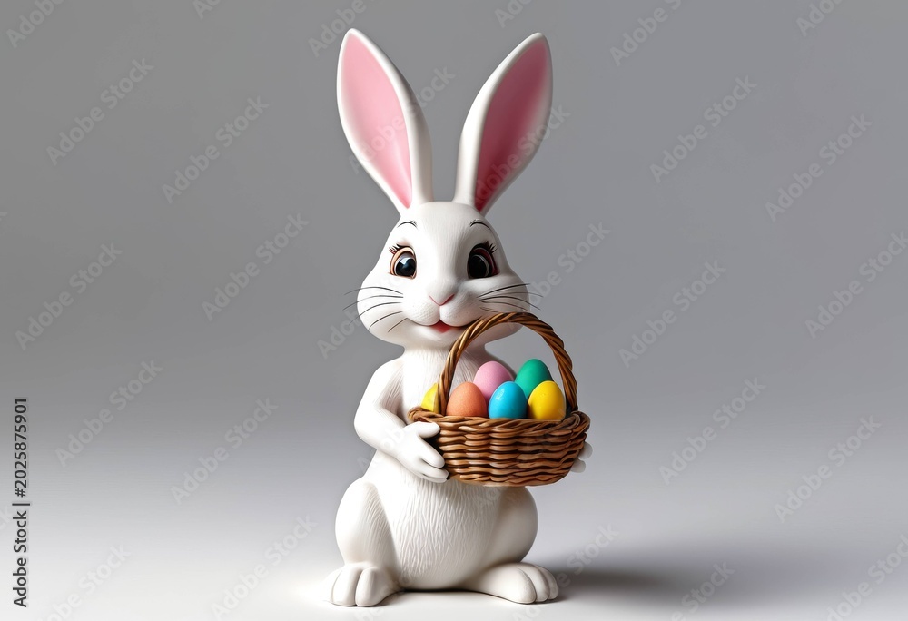 Fototapeta premium Cute white rabbit figurine holding a basket filled with colorful Easter eggs