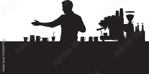 Silhouette of man working behind coffee bar with cups