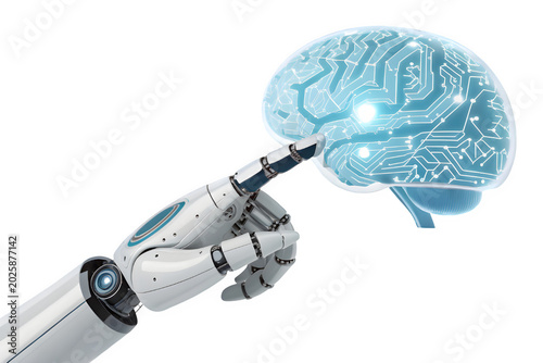 Robotic hand touching digital human brain concept isolated on transparent background