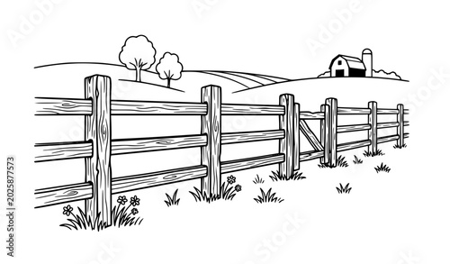 Wooden farm fence rural landscape vector illustration black and white