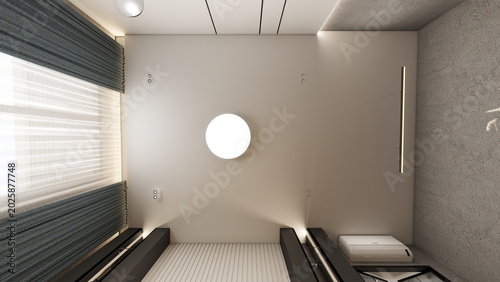 Tableau sur toile Ceiling view of modern room with large round light, linear pendant, recessed spo