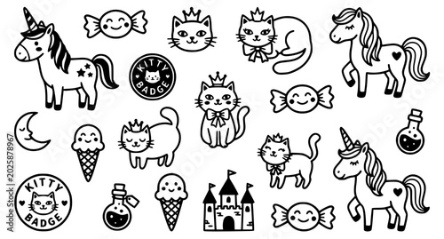 Foto Black and white kawaii doodle set unicorns cats sweets and magical elements