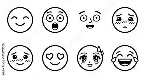 Foto Collection of cute cartoon faces with various emotions