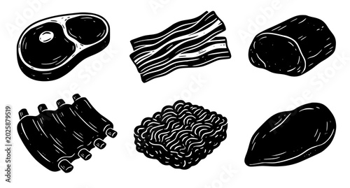 Fotografía Black and white meat cuts collection steak bacon ribs and ground beef
