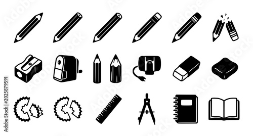 Bild auf Leinwand Stationery icon set pencils sharpeners rulers and school supplies