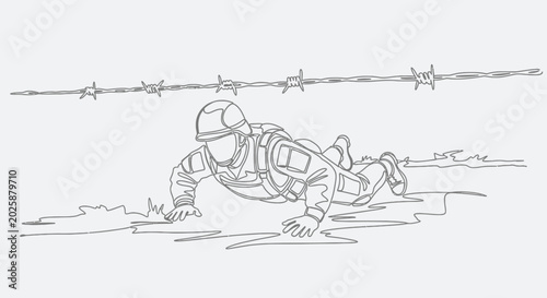 Fotografía Soldier crawling under barbed wire obstacle course, military training, resilienc