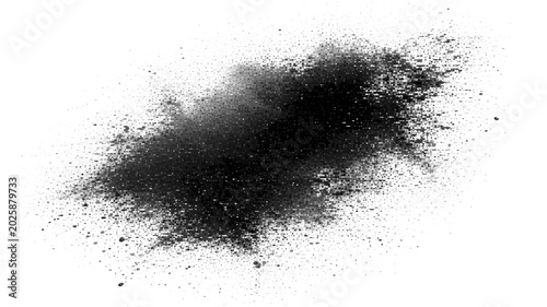 Black powder explosion on white background, dark charcoal dust cloud with grainy texture, explosive soot splash for design overlays