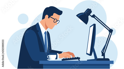 Fotografie Businessman working on computer at office desk vector flat illustration set