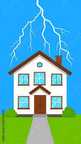 White suburban house under intense lightning storm background.