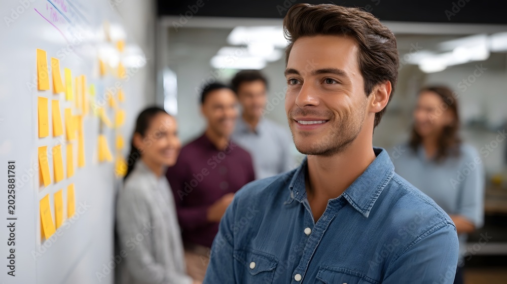 Obraz premium A professional man smiles in a bright office setting conveying a sense of teamwork and corporate achievement