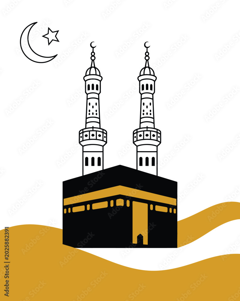 Obraz premium Kaaba Mosque Islamic Background with Crescent Moon and Minarets Vector