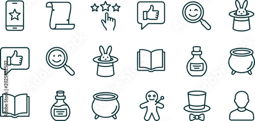 Photos Magic and Customer Feedback Line Icon Set with Magician Hat Rabbit Potion Cauldr