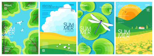Foto Set of nature landscape summer backgrounds with trees crown and seagulls, fields and sheep, water lily leaves and dragonfly, hills and building