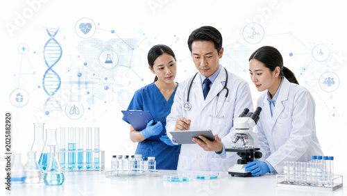 Doctor and lab specialists review medical research data with a microscope, DNA helix and laboratory glassware in a clean science scene.