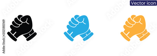 Schilderij op canvas Friendly handshake clasp vector icon set representing collaboration, partnership, mutual agreement, unity, and business teamwork across solid black, light blue, and yellow design options