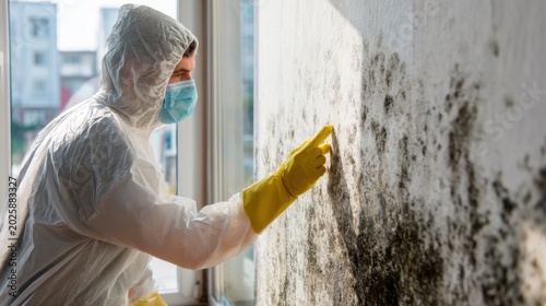 Person in protective gear treats mold on wall in indoor setting during daytime hours