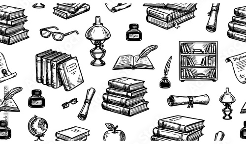 Принти на полотні Vintage academic illustration books writing tools and scientific instruments