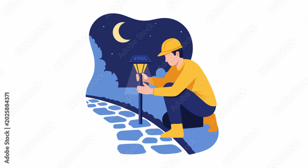 Naklejka premium Technician Installing Solar Powered Garden Light on Stone Path at Night, Sustainable Renewable Energy Concept Illustration
