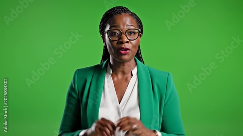Woman in Green Blazer Speaking and Gesturing on Green Screen