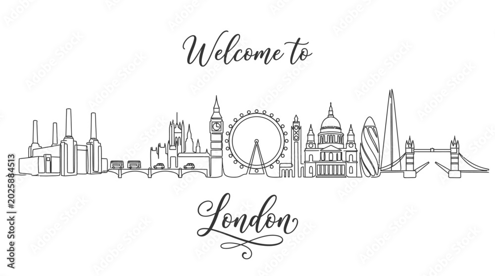 Fototapeta premium London Skyline Outline: Iconic Landmarks with Welcome Script, Monochrome Art