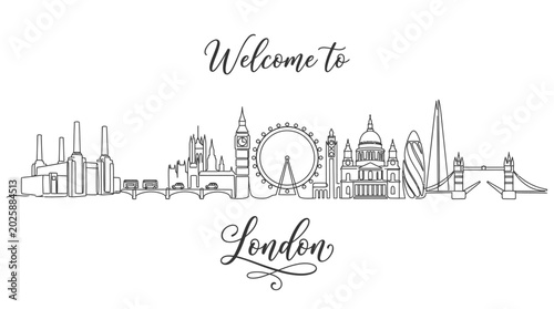 London Skyline Outline: Iconic Landmarks with Welcome Script, Monochrome Art