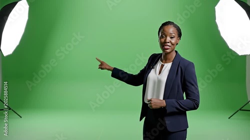 Woman Pointing While Standing in Front of Green Screen