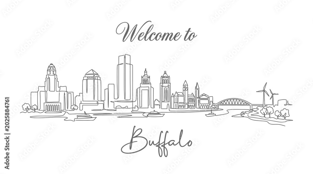 Fototapeta premium Buffalo Skyline in Single Continuous Line Art, Welcome Greetings