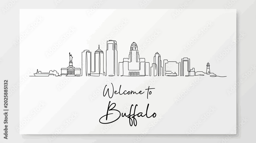 Fototapeta premium Buffalo Skyline: Artistic Cityscape Outline, Welcome Greeting, Monochrome Illustration