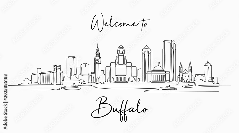 Fototapeta premium Buffalo Skyline: Line Art Illustration, Black and White, Cityscape