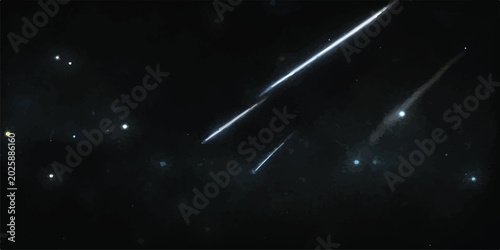 Bilde på lerret Meteor shower streaking across starry night sky with shooting star, deep space