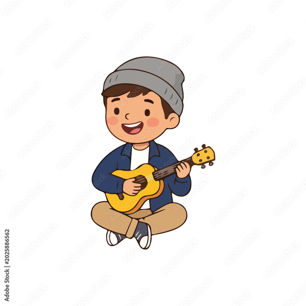 Obraz premium Cute Little Boy Sitting Cross Legged Playing Ukulele Guitar