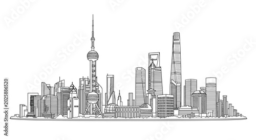 Detailed illustration of Shanghai skyline at night, featuring iconic skyscrapers in monochrome style on a clean white background