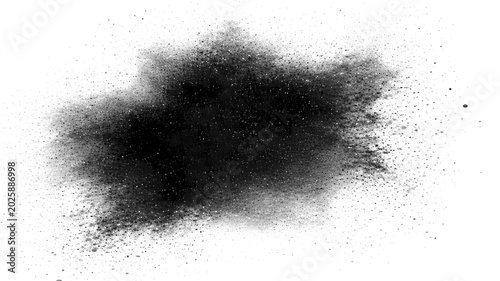 Black charcoal powder explosion on white background, dark soot dust cloud burst, abstract ink splash texture for design overlays