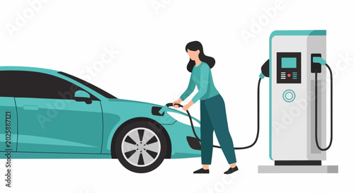 Woman Charging Electric Vehicle at Public Station Vector Illustration. Sustainable Transport Concept with Teal EV Car and Charging Point Isolated on White Background.