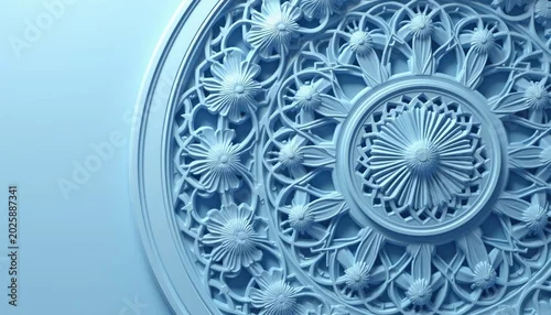 Panel kuchenny z motywem Intricate blue circular floral pattern design. Embossed ornamental art with geometric shapes and detailed elements. Elegant and clean background texture for decoration.