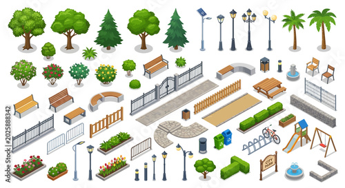 Φωτογραφία isometric park elements collection trees benches and playground