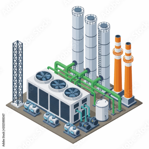 Foto Industrial power plant with cooling towers and chimneys isometric view