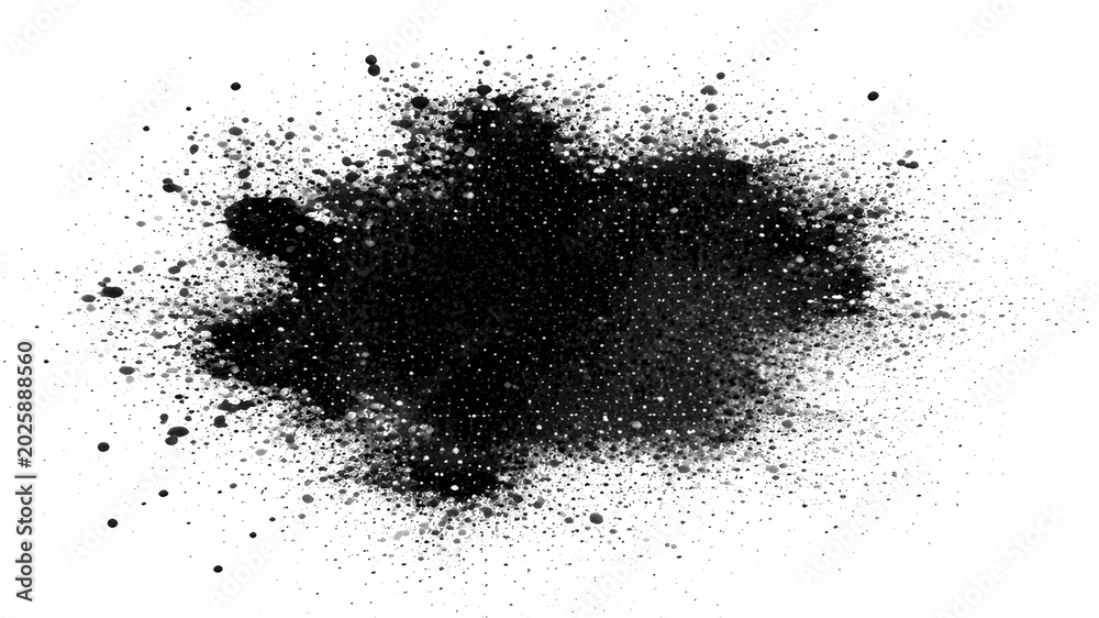 Fototapeta premium Black spray paint splash on white background, gritty aerosol texture with splatters, urban graffiti ink stain for graphic design overlays