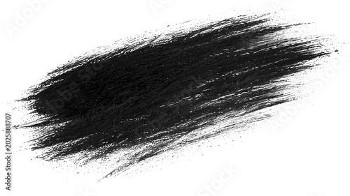Grungy black paint stroke on white background, textured charcoal brush smear, expressive ink splatter element for graphic design and artistic overlays