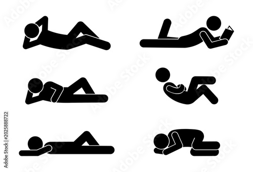Obraz na plátně Various Sleeping Positions Stickman Icon Set Resting Lying Relaxing Silhouette Vector Illustration