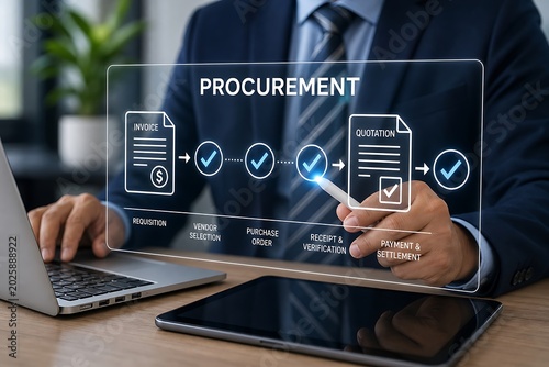 Business professional using a digital interface for managing the procurement process on a laptop