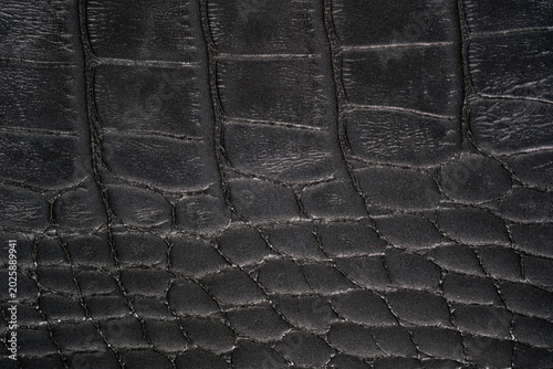 Foto Black crocodile leather texture close up with embossed reptile scales and matte
