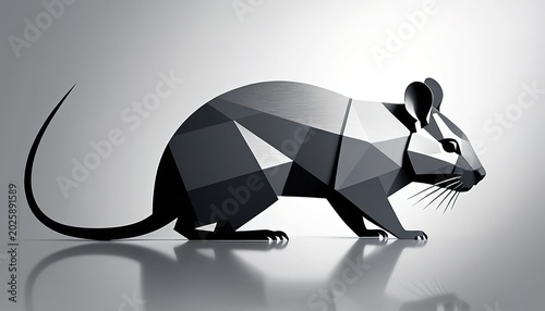 Modern Low Poly Geometric 3D Render of a Rat in Monochrome Greyscale on Minimalist Background