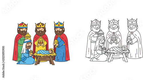 Foto Cute cartoon nativity scene with three wise men and baby Jesus