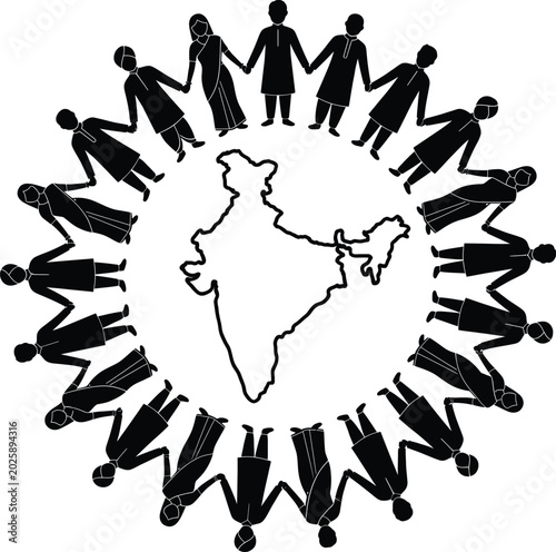People holding hands in a circle around a map of india Vector
